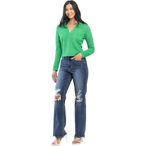 Women's High-Rise Straight Leg Ripped Denim Jeans Plus Size Dark Blue - Picture 6 of 7